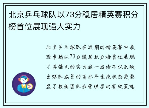 北京乒乓球队以73分稳居精英赛积分榜首位展现强大实力