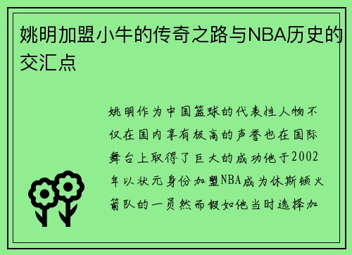 姚明加盟小牛的传奇之路与NBA历史的交汇点